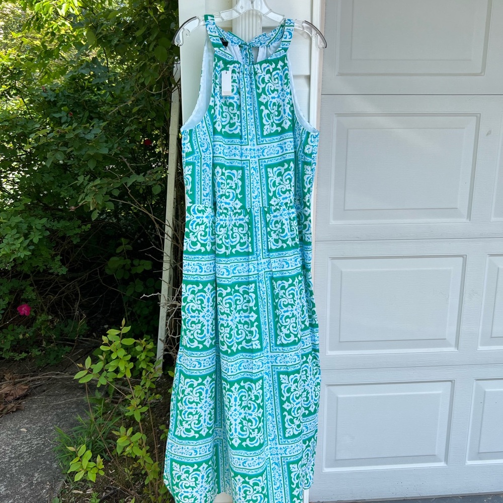 NWT Talbots Gorgeous Blue & Green Cotton Lined Filigree Maxi Halter Dress